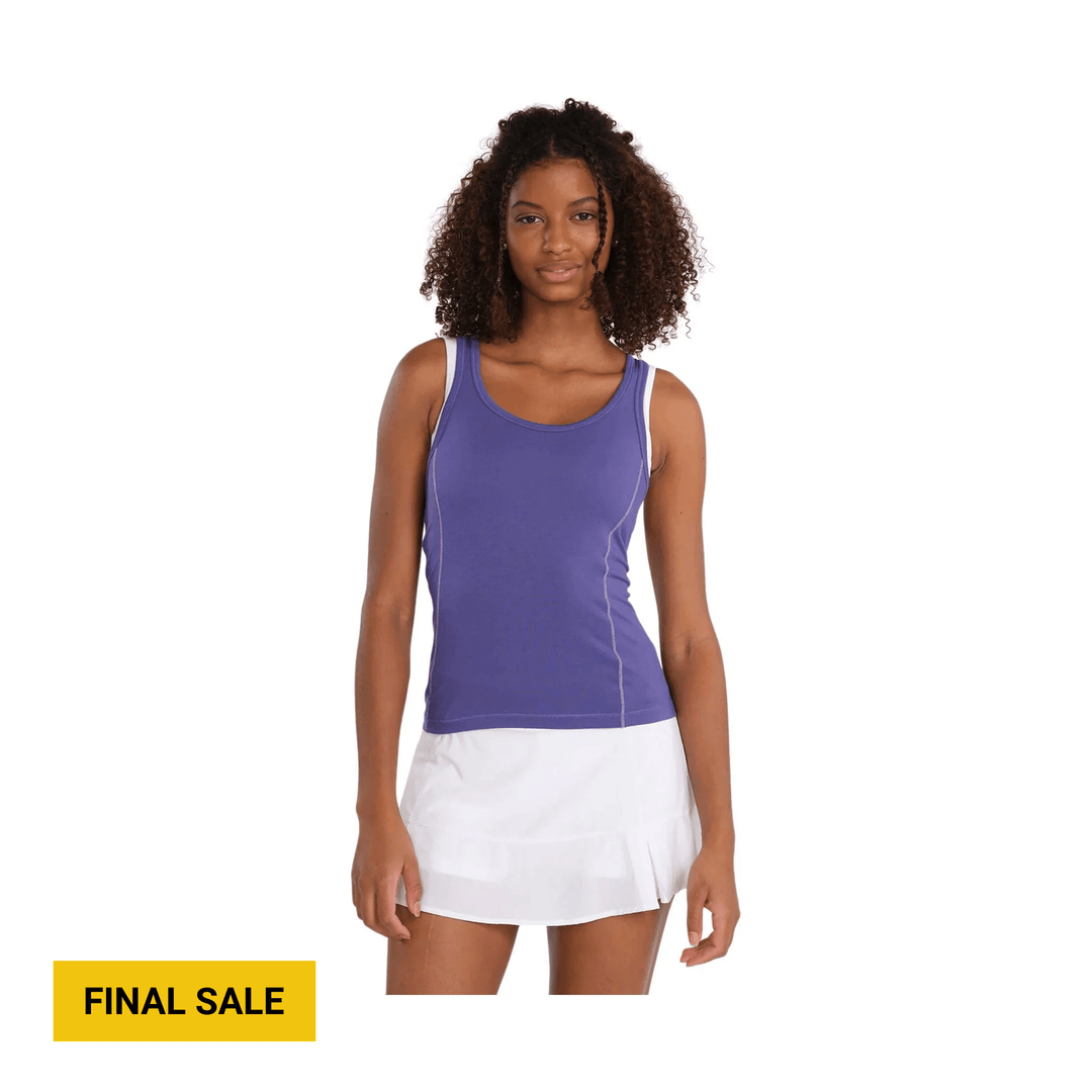 Purple racerback tank top with white contrast stitching and a white pleated tennis skirt