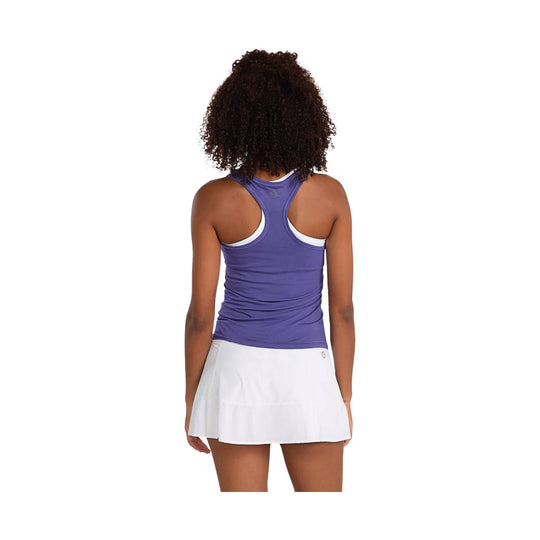 Back view of a purple racerback tank top with a white sports bra peeking out, paired with a white tennis skirt.