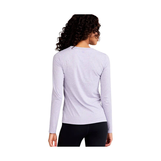 Back view of a heathered light lavender long-sleeve top with a crew neckline