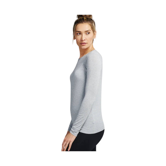 Light gray long-sleeve fitted crewneck shirt shown in side view