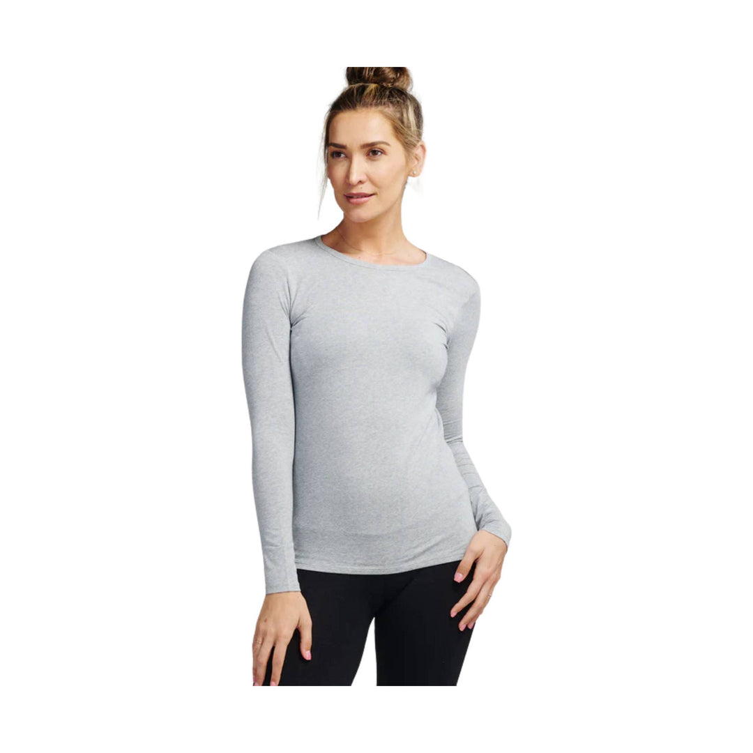 Light gray long-sleeve crewneck shirt on a model