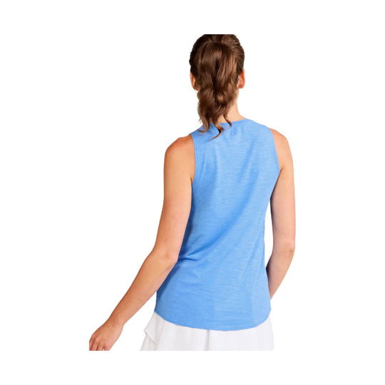 Blue sleeveless athletic tank top shown from the back on a model