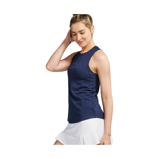 Navy sleeveless athletic tank top with racerback and scoop neckline