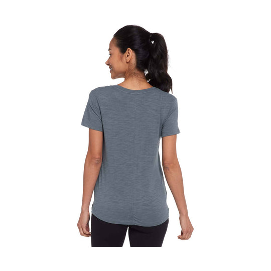 Heathered gray short-sleeve V-neck T-shirt shown from the back