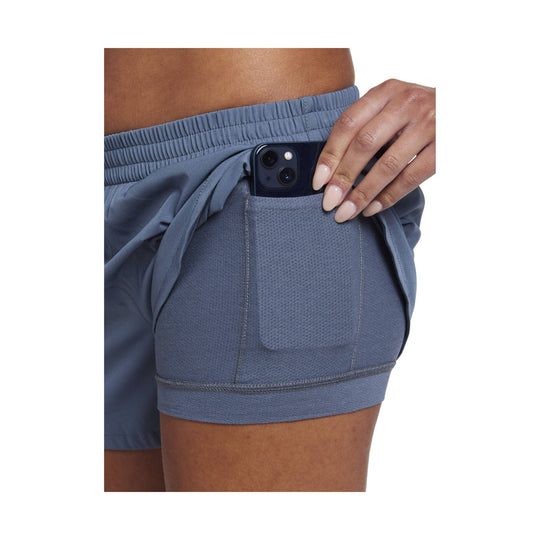 Blue athletic shorts with side phone pocket