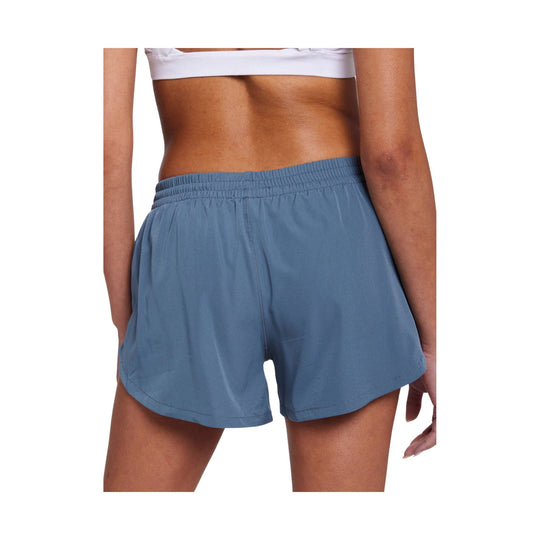 Blue running shorts with elastic waistband, shown from the back