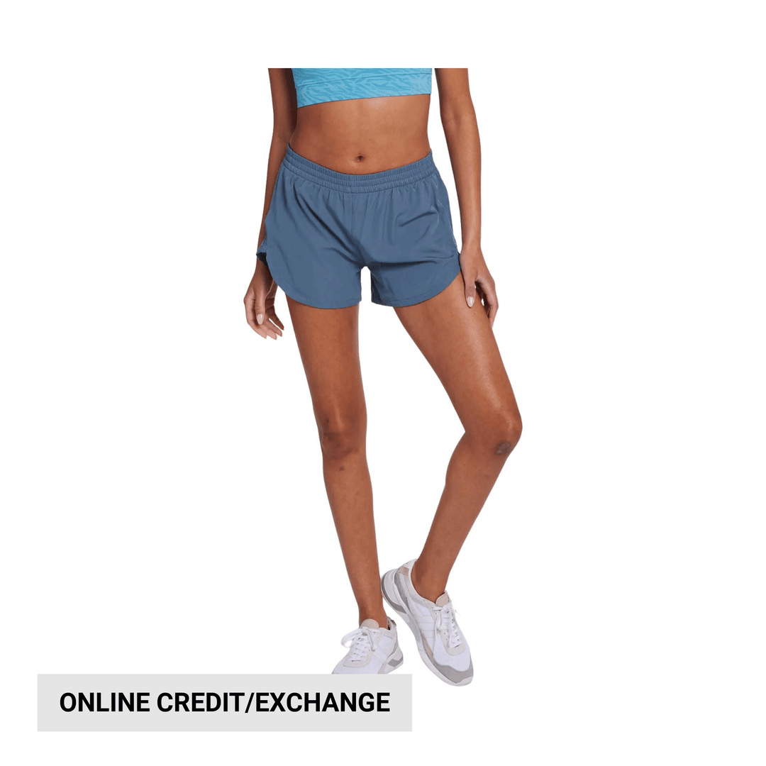 Blue athletic shorts with built-in brief and visible "ONLINE CREDIT/EXCHANGE" text