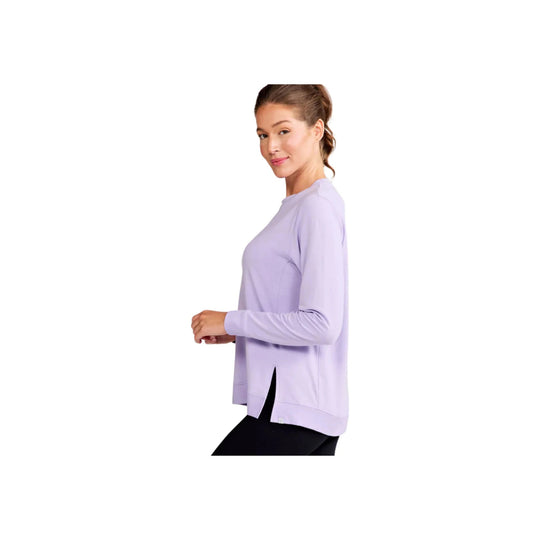 Light lavender long-sleeve sweatshirt on a model, side view