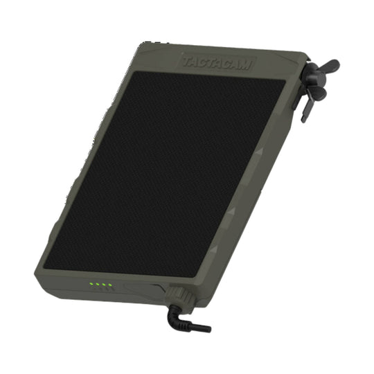 Dark rectangular solar panel with embossed TACTACAM logo, top mounting hook, and attached power cable