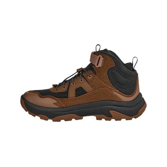 Brown and black mid-top hiking boot with rugged lug sole, bungee laces, and ankle pull tabs