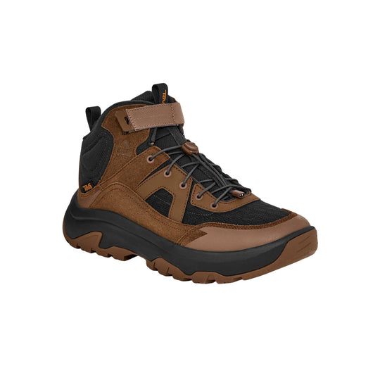 Black and brown mid-height hiking boot with lace-up front, side strap, and rugged tread