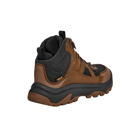 Brown and black mid-height hiking boot with rugged sole and side pull loops