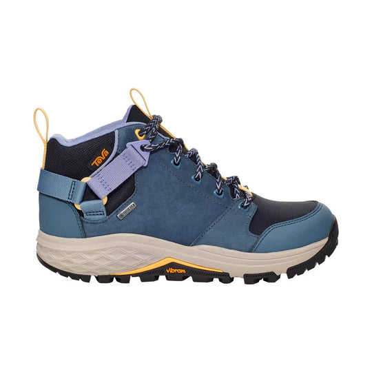Blue and black mid hiking boot with waterproof ankle collar, bungee laces, and rugged tread sole