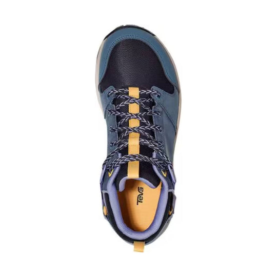 Blue hiking boot with black mesh toe, braided laces, and yellow accents