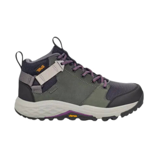 Gray and navy hiking boot with purple laces, side straps, and a white midsole