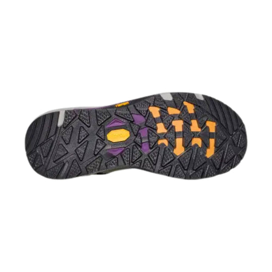 Black hiking boot outsole with gray triangular tread, orange traction lugs, and purple accents