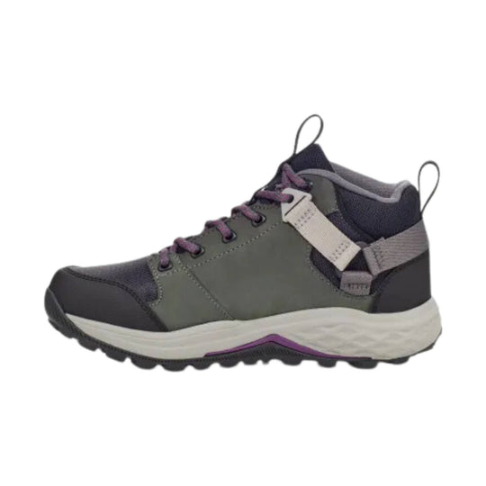 Gray and black hiking boot with purple laces, side webbing strap, and lugged sole