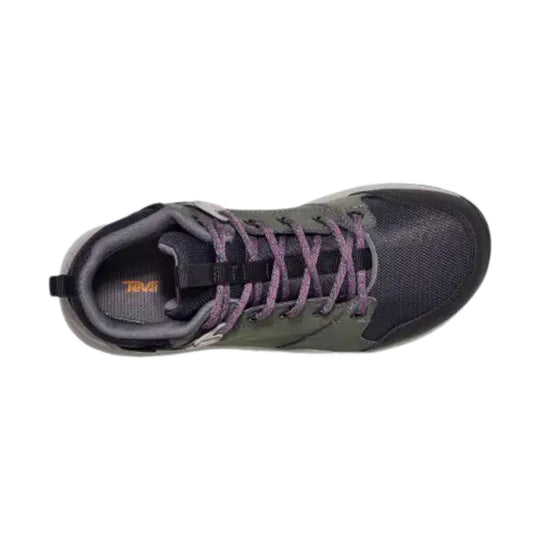 Dark gray hiking boot with purple laces, seen from above