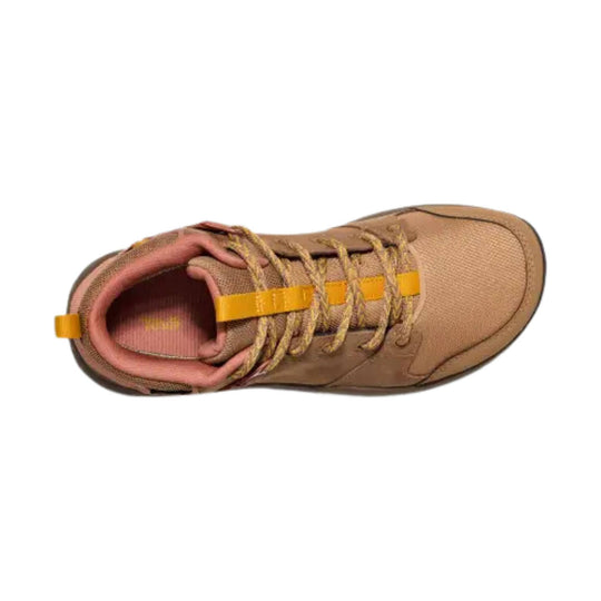 Tan hiking boot with pink collar lining, yellow laces, and a mesh toe cap, viewed from above