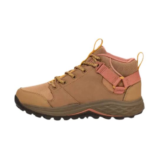 Tan mid-cut hiking boot with pink collar trim, yellow laces, and a black lug sole.