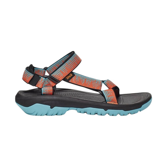Orange, blue, and black strappy hiking sandal with a thick treaded sole