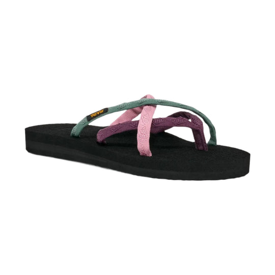 Black thong sandal with pink, green, and purple woven straps