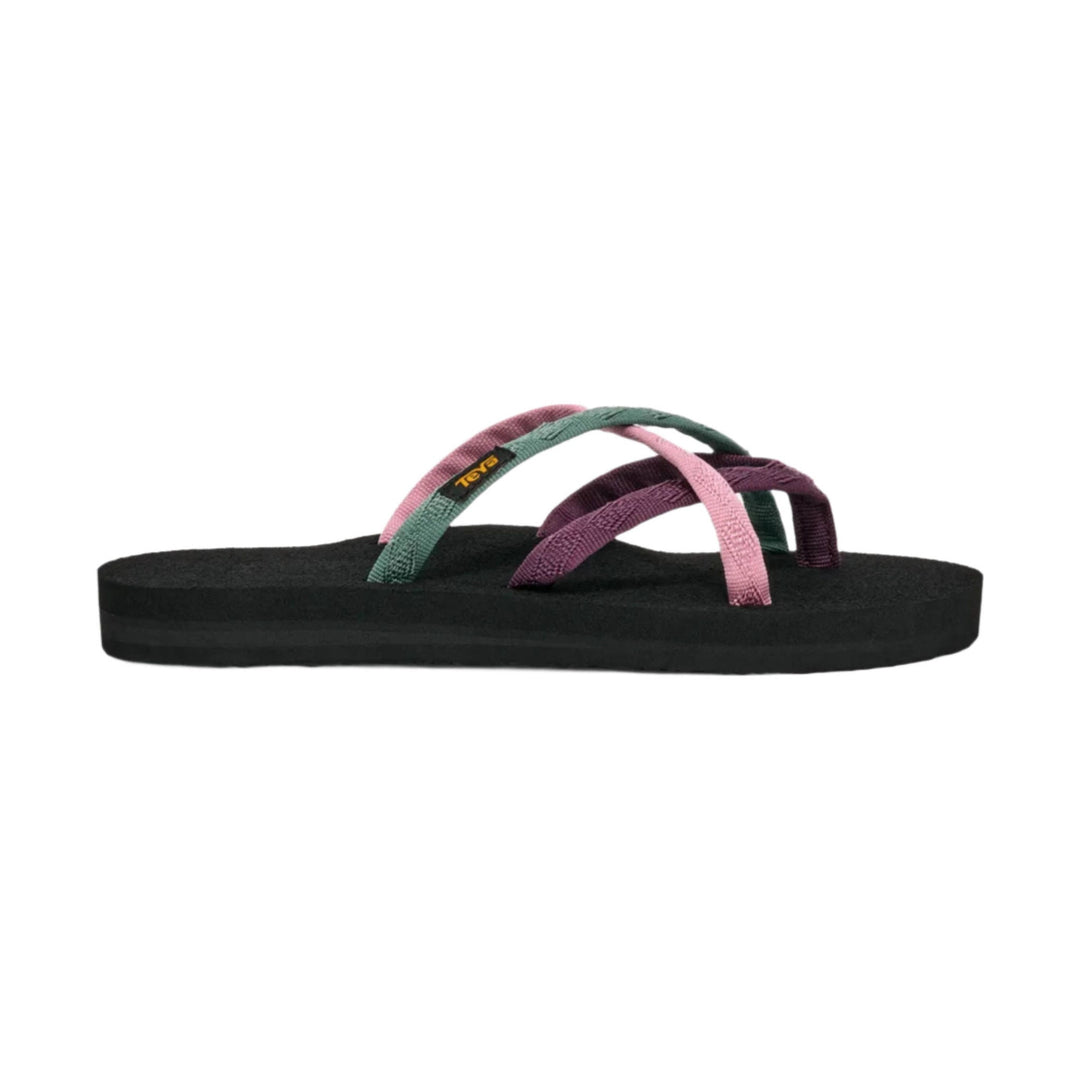 Black flip-flop sandal with multicolor woven straps in pink, green, and purple