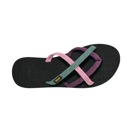 Black flip-flop sandal with pink, purple, and teal straps