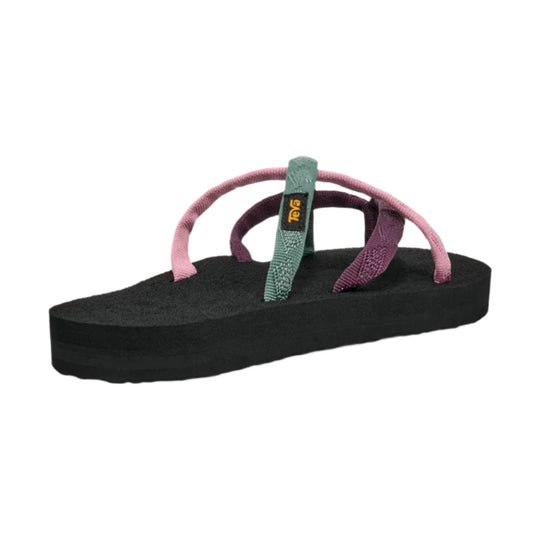 Black sandal with pastel pink, purple, and teal webbing straps
