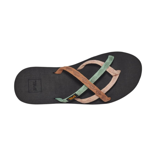 Black thong sandal with woven straps in mint green, tan, and peach