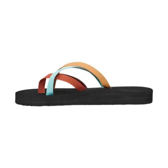 Black flip-flop sandal with multicolor woven straps