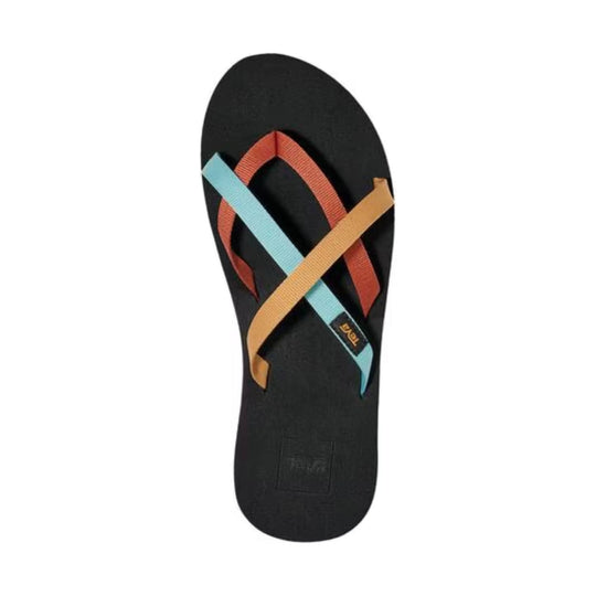 Black flip-flop sandal with multicolor woven straps and a small logo tag