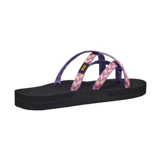 Purple thong sandal with multicolor patterned straps and black sole