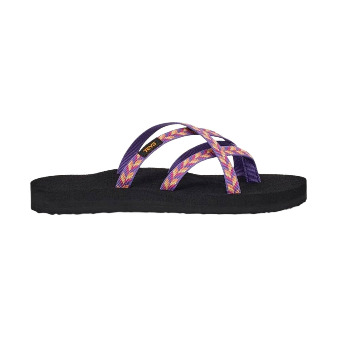 Black flip-flop sandal with purple and pink patterned straps