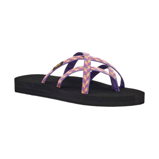 Black flip-flop sandal with purple and pink woven straps