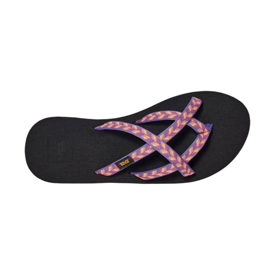 Black thong sandal with purple and pink patterned straps