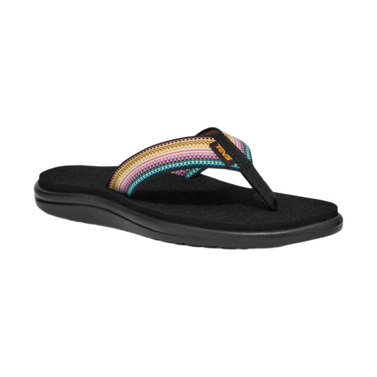 Black thong flip-flop with a multicolor woven strap and black footbed