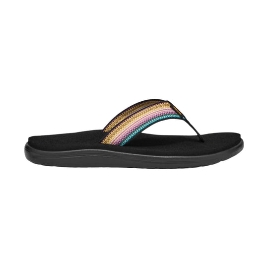 Black flip-flop sandal with a multicolor woven strap