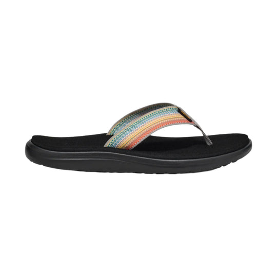 Black thong sandal with a rainbow woven strap and thick cushioned sole