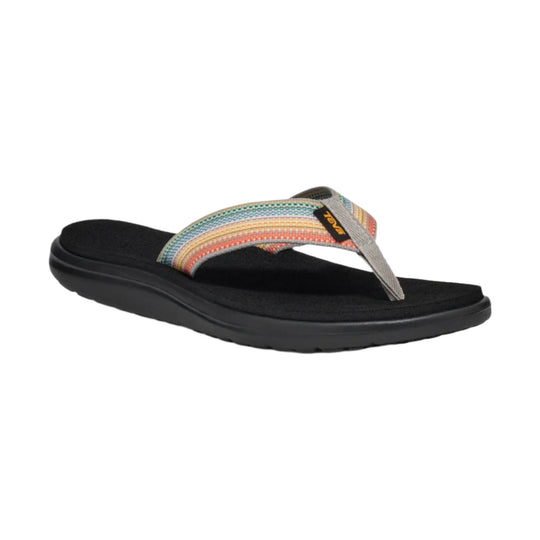 Black flip flop with a multicolor woven strap and gray toe post