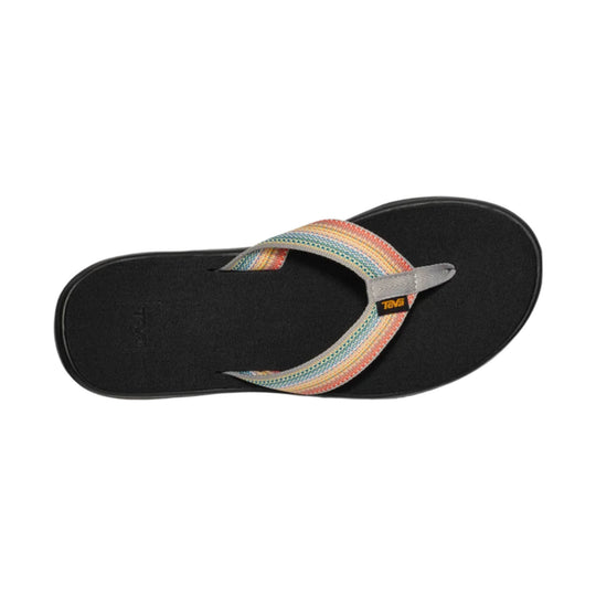 Black flip flop with multicolor woven strap and small Teva logo