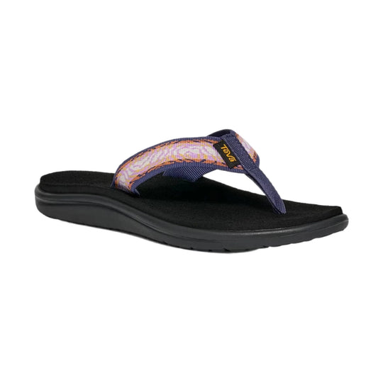 Black thong sandal with a patterned purple, pink, and orange strap and Teva logo on the strap