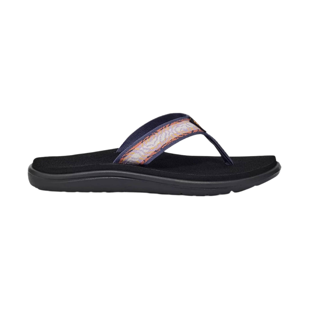 Black thong flip flop with a patterned navy strap and thick cushioned sole