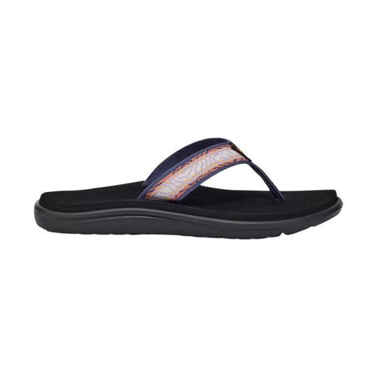 Black thong flip flop with a patterned navy strap and thick cushioned sole