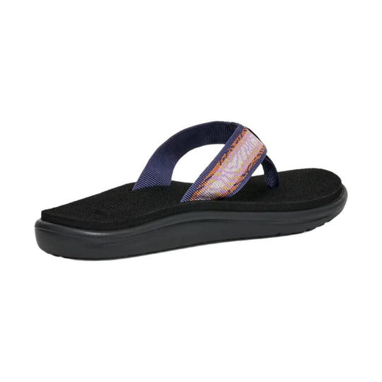 Black flip-flop sandal with patterned blue-and-pink straps and a thick sole