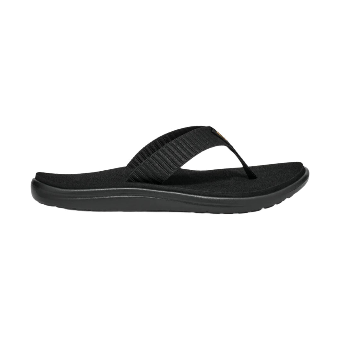Black flip-flop sandal with a wide textured strap and cushioned sole, side view
