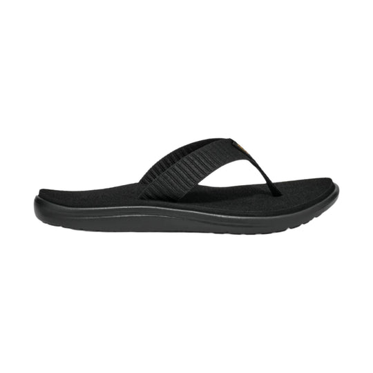 Black flip-flop sandal with a wide textured strap and cushioned sole, side view