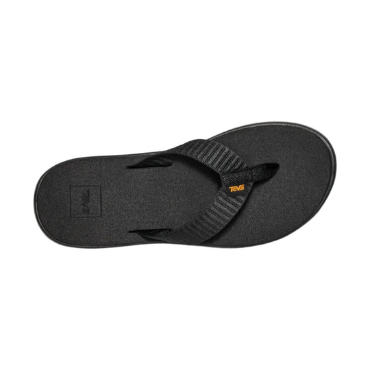 Black thong sandal with textured straps and a small orange logo tag