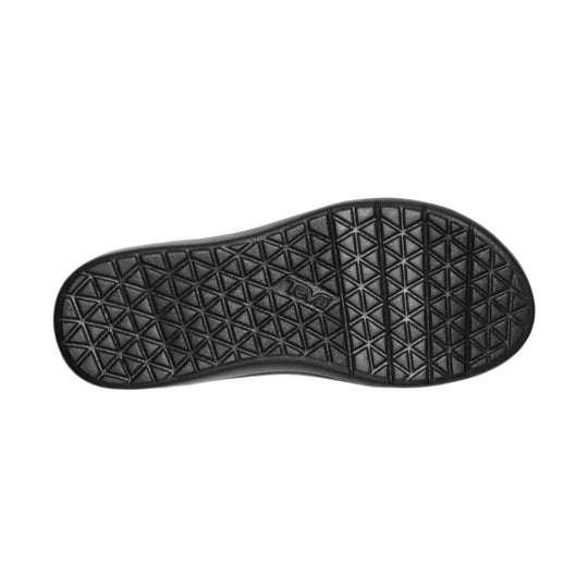 Black sandal outsole with a triangular traction pattern and embossed logo