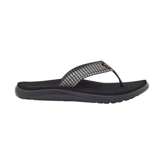Black flip flop sandal with a woven strap and thick sole
